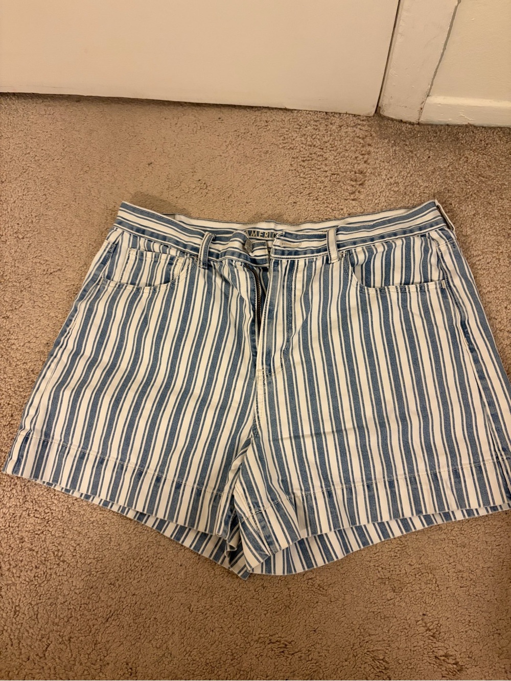 American Eagle Women's Blue & White Striped High-Waist Shorts